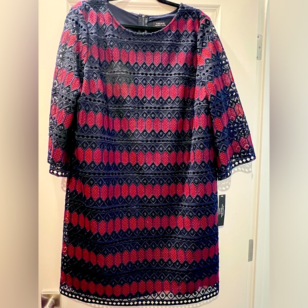 NWT Tahari Blue Blue and Maroon Lace Shift Dress.